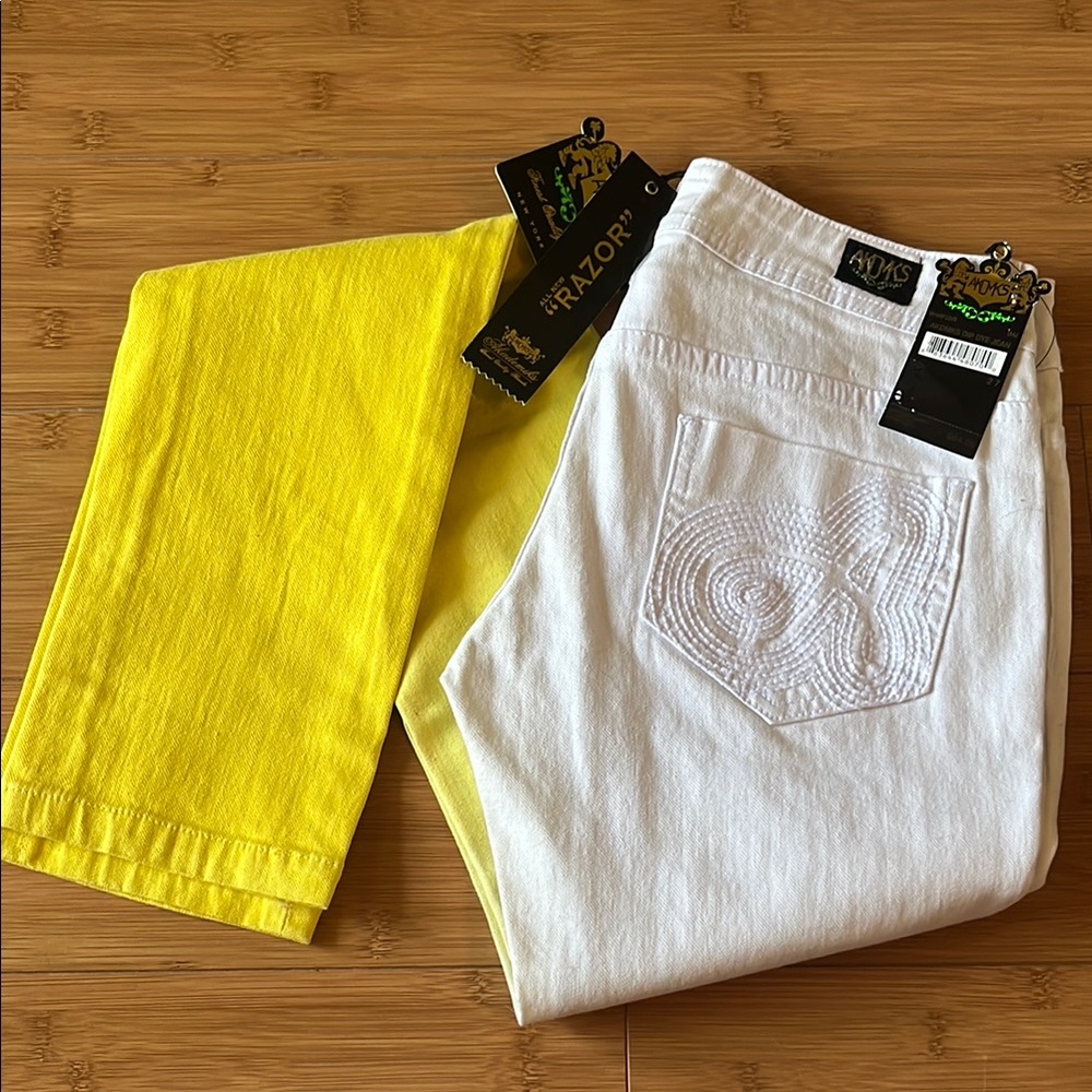 Yellow and White Embroidered Jeans